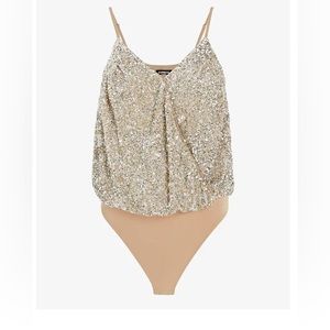 Express Sequin Faux Wrap Cami Thong Champagne Bodysuit - XL Beyoncé Renaissance